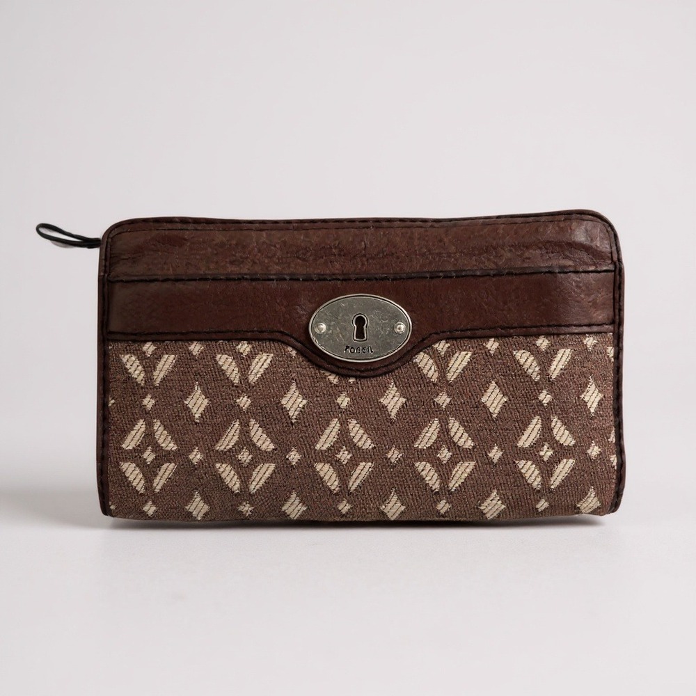 Y2K Fossil Key-Per‎ Canvas Zip Around Clutch Leather Designer Wallet Billfold